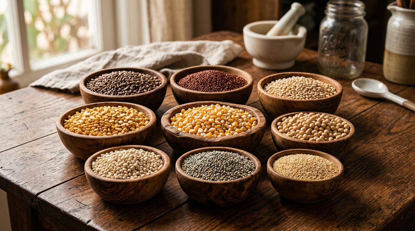 Assortment of 9 Grains in Rustic Wooden Bowls