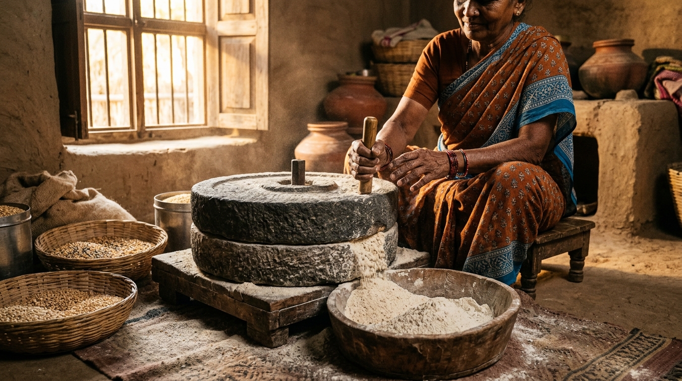 Traditional Stone Grinding of Multigrain Atta